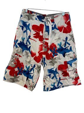 Mens XL White Board Shorts W/ Red & Blue Floral Print Cargo wassimo